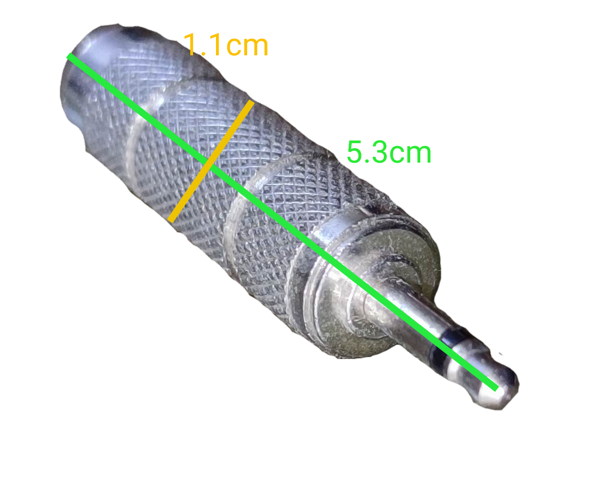 PL-55 Female to Male Mono Adaptor with textured grip and dimensions of 5.3cm by 1.1cm