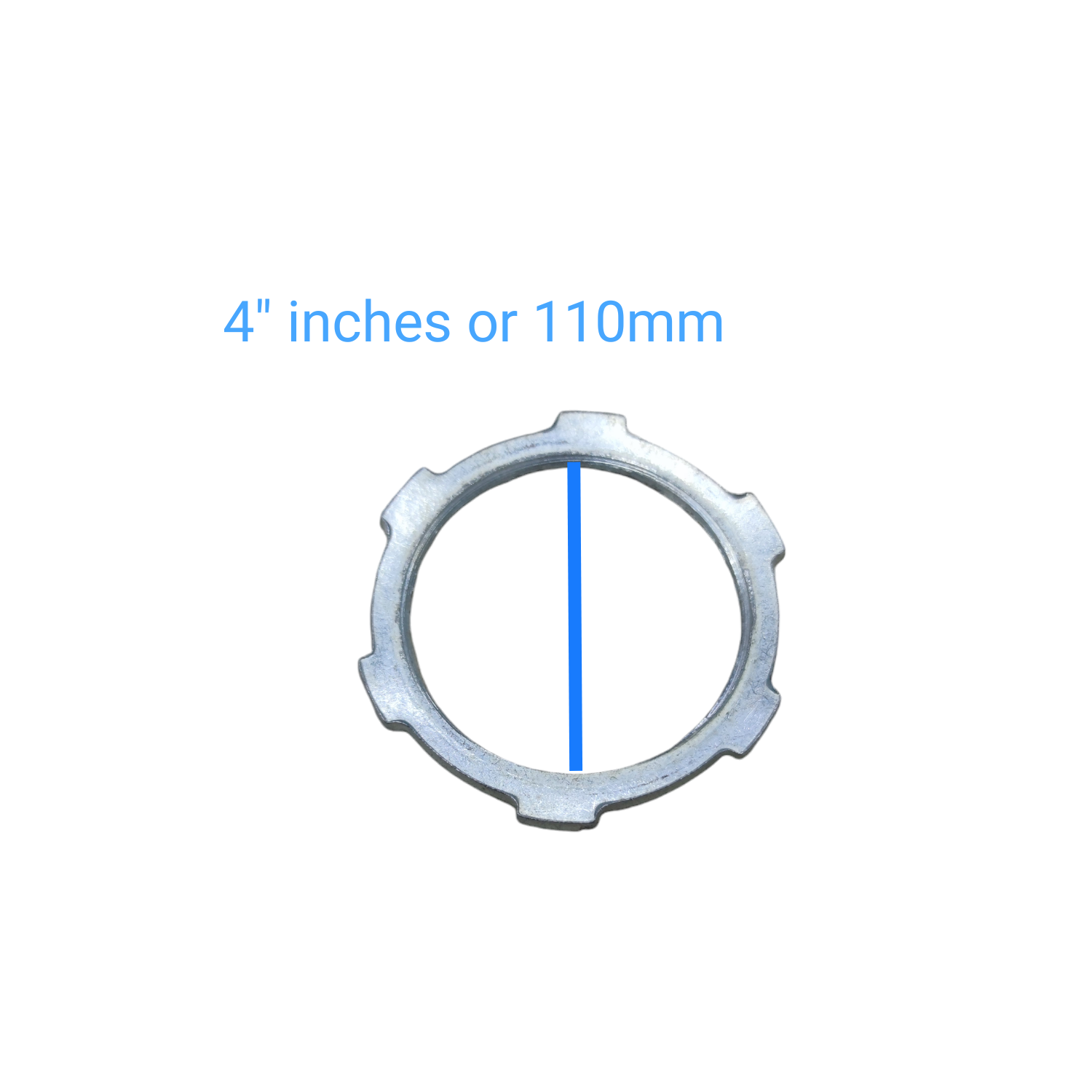 Locknut for RSC Pipes 15mm metal conduit locknut ring on white background with 4 inch 110mm label