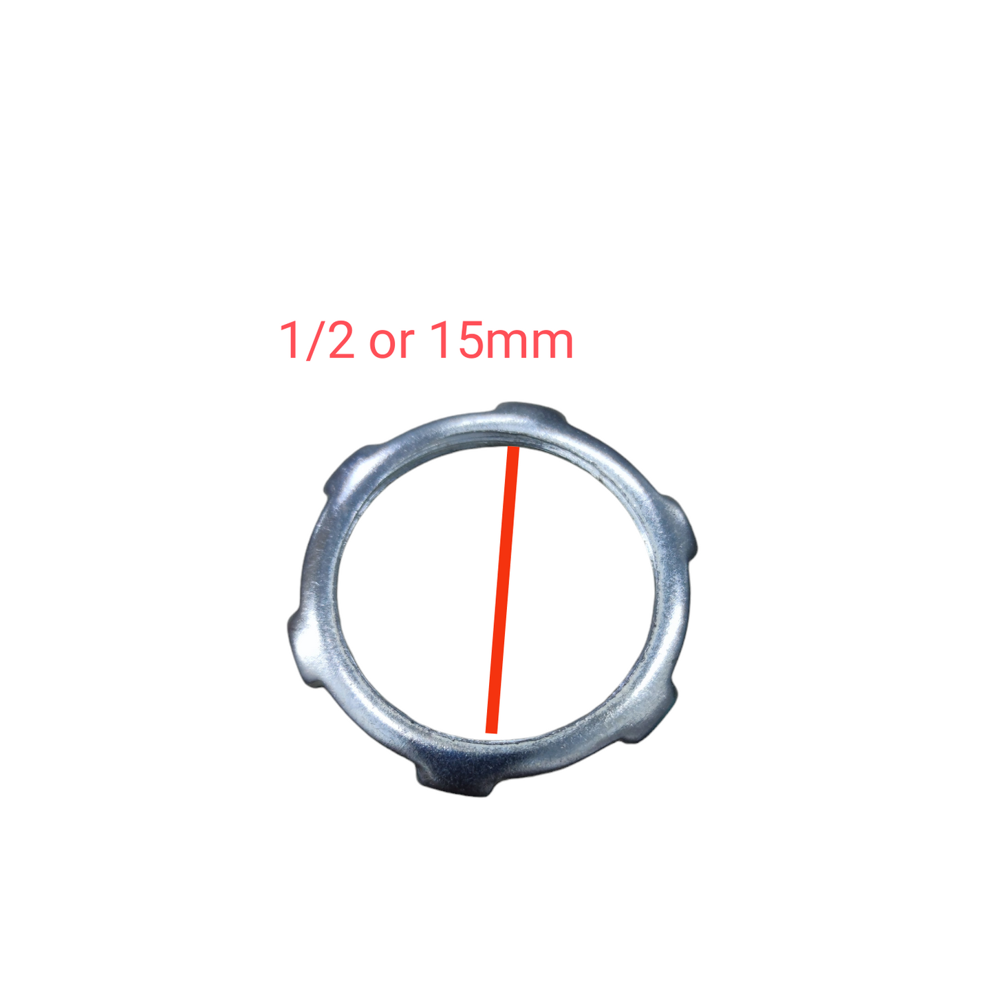 Local metal locknut for conduit showing lobed design and half inch or 15mm size Locknut for RSC Pipes 15mm