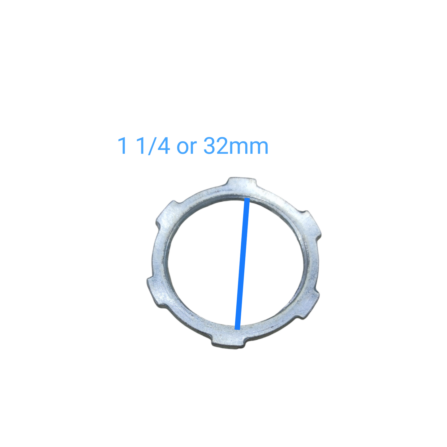 Locknut for RSC Pipes 15mm zinc plated slotted conduit locknut with six tabs shown on white background