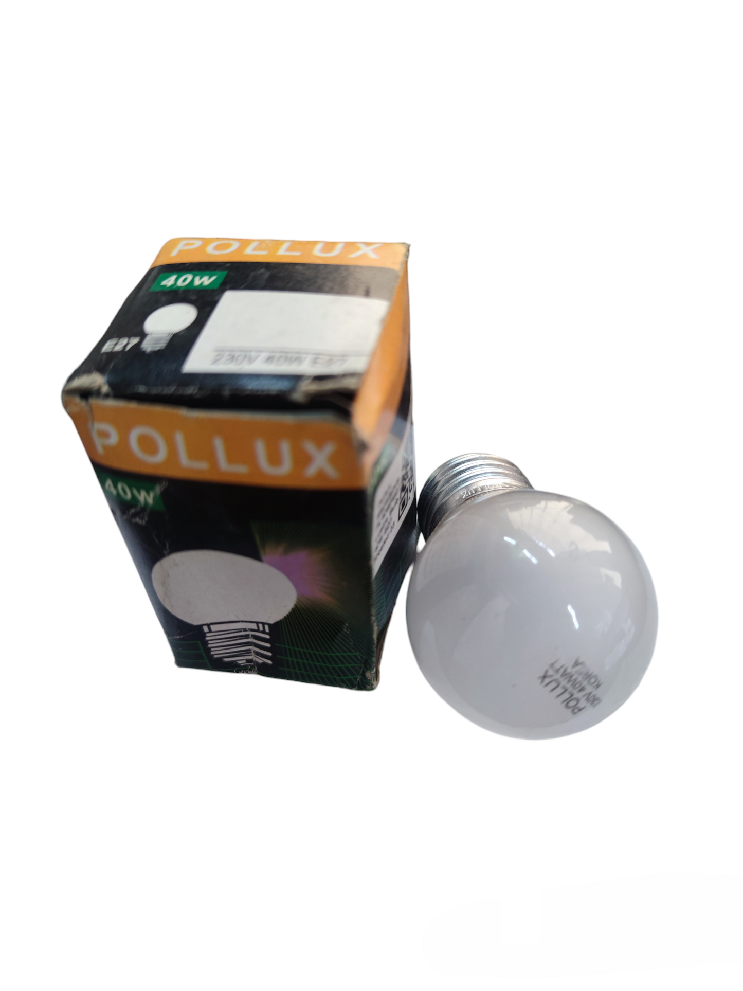 Pollux Incandescent Bulb Lustre Lamp 40W white frosted globe bulb beside branded Pollux box