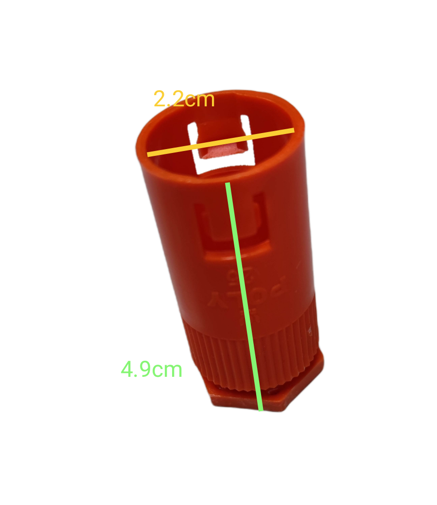 Poly orange cylindrical connector on black background Adaptor for PVC Flexible Hose showing 4.9 cm length and 2.2 cm top opening