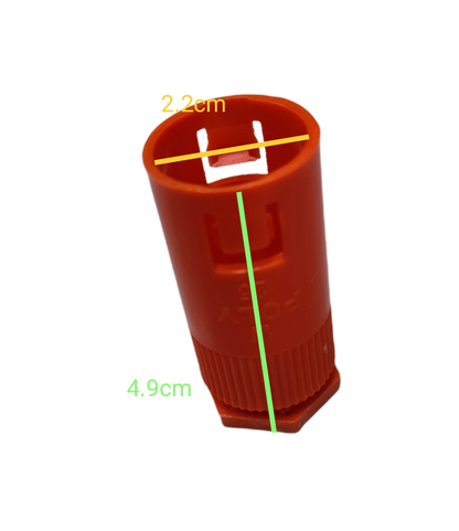 Poly orange cylindrical connector on black background Adaptor for PVC Flexible Hose showing 4.9 cm length and 2.2 cm top opening