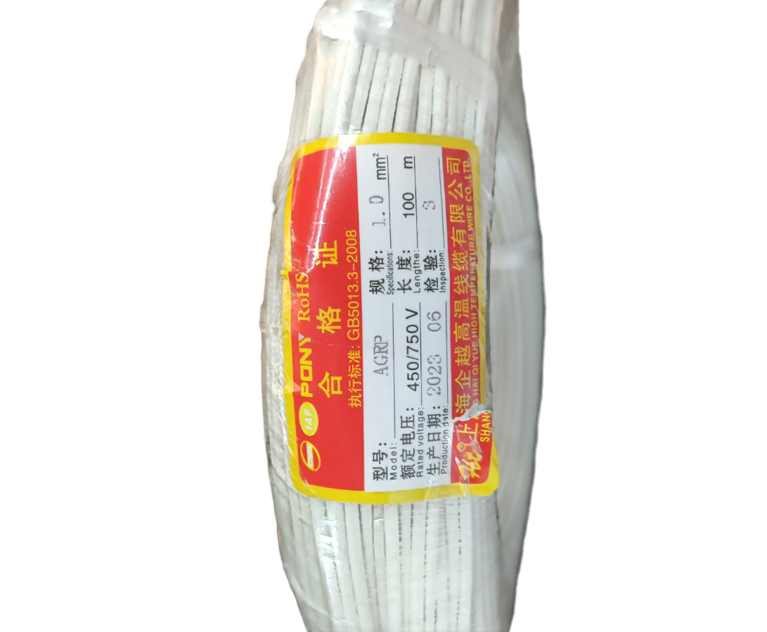 Spool of white silicone insulated wire with label showing specs 1.0mm silicon wire high temperature from China vendor