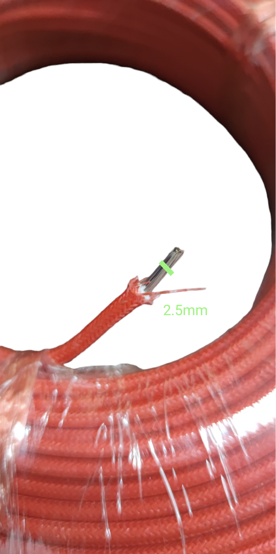 Grippes red braided wire coil with exposed copper conductor and 2.5 millimeter marking Flame Retardant Wire 300 Degrees High