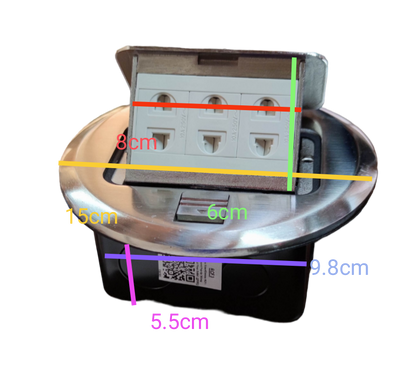Royu Pop-Up 3 Gang Outlet Universal 10A 250V with metal cover and three universal sockets