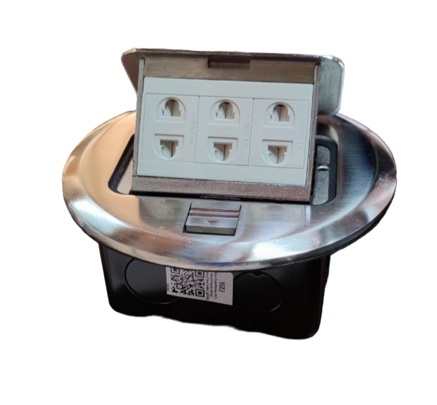 Royu Pop-Up 3 Gang Outlet Universal 10A 250V with stainless steel cover and three universal sockets