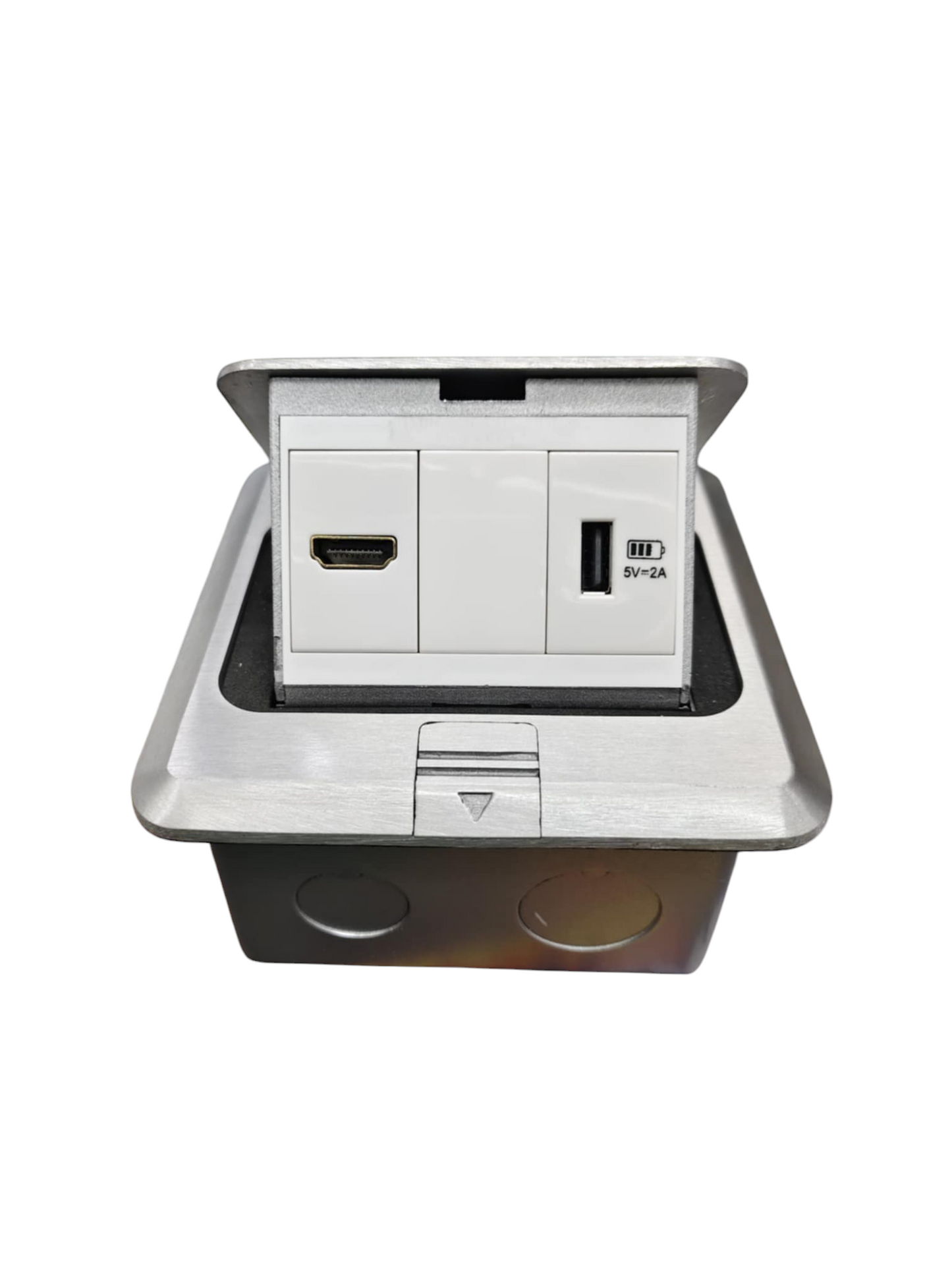 T&J Pop-up HDMI Outlet and USB-A 5V DC 2100mAh power point with metal frame for desk installation