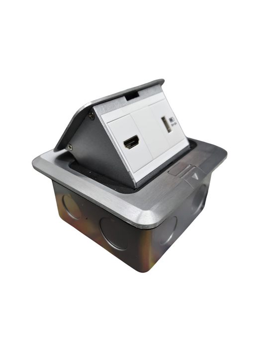 T&J Pop up HDMI with USB-A power point and plug socket in stainless steel frame