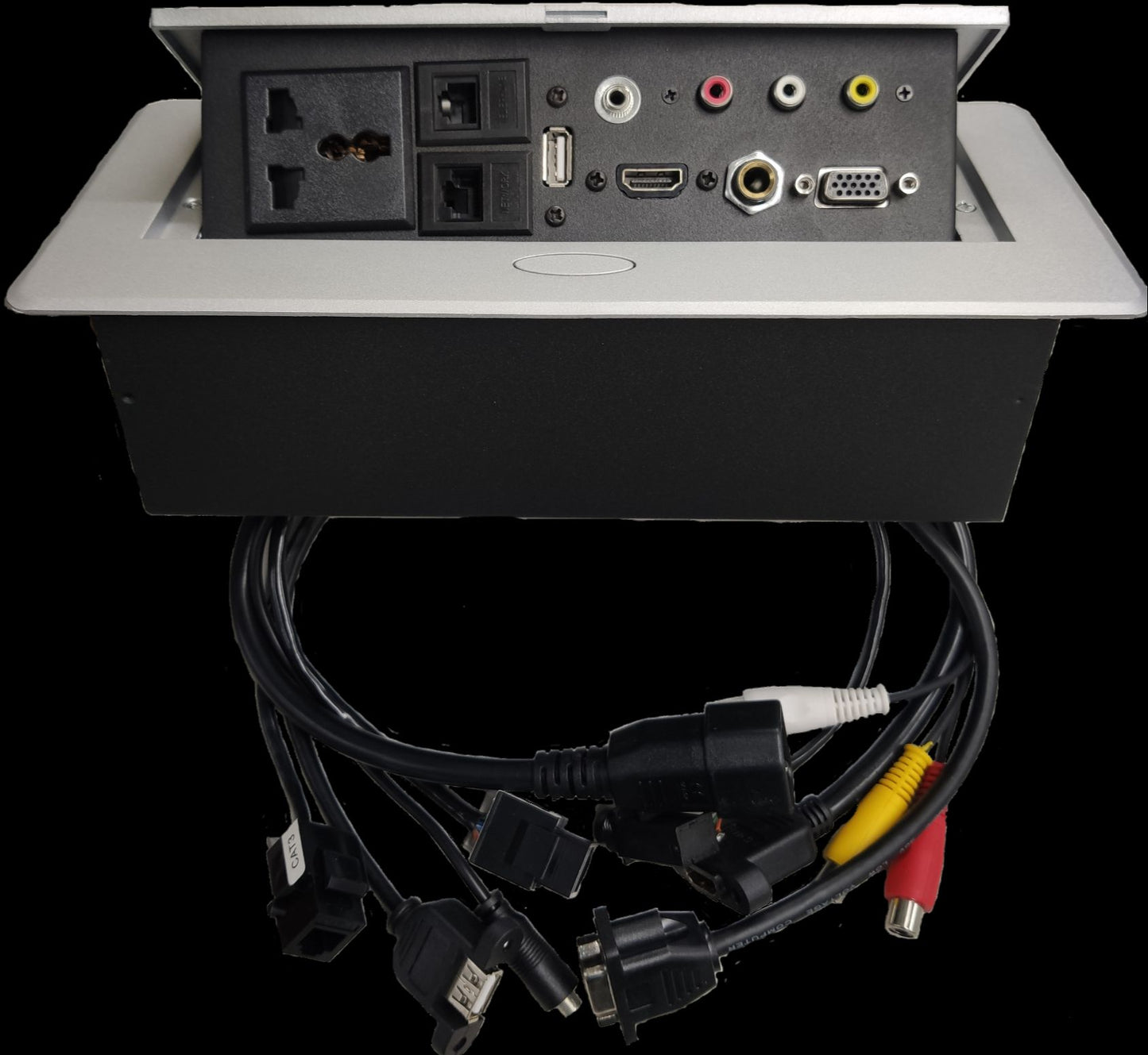 Grippes pop up table top multimedia outlet with multiple ports for connectivity