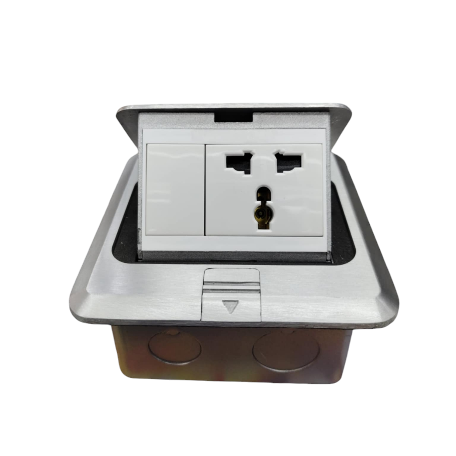 T&J Pop-up Universal with Ground Outlet 16A 220V power point and switch in silver finish
