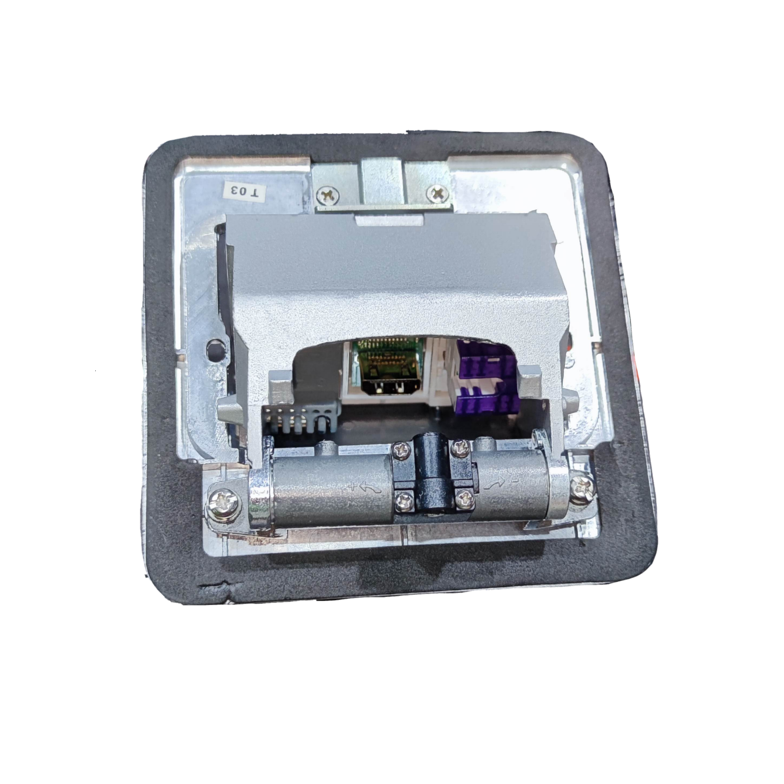 T&J Pop-up USB 5V 2.1A x 3 with Metal Utility Box power point with open cover showing internal components