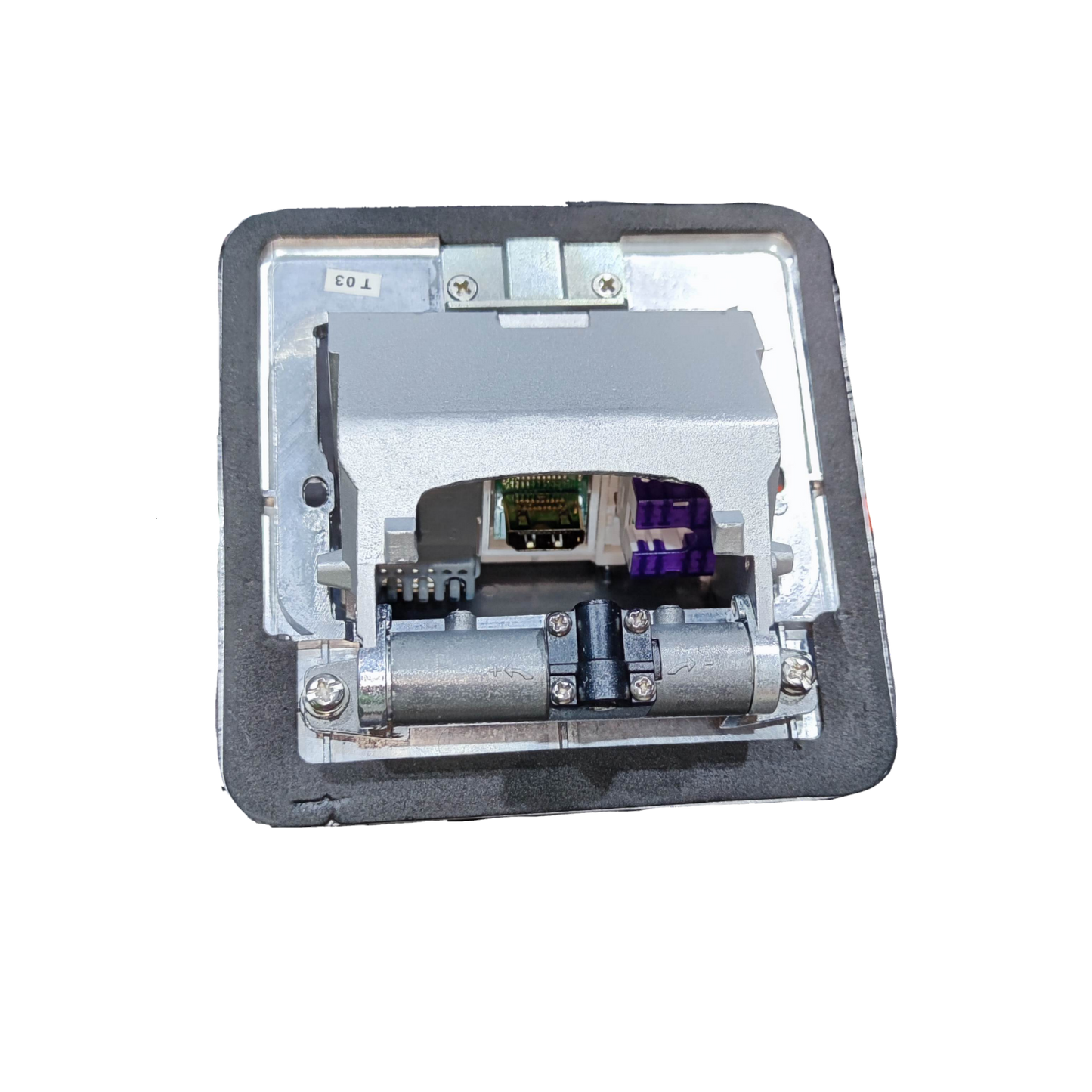 T&J Pop up Voice and USB Charging Outlet with metal hinge and internal wiring components