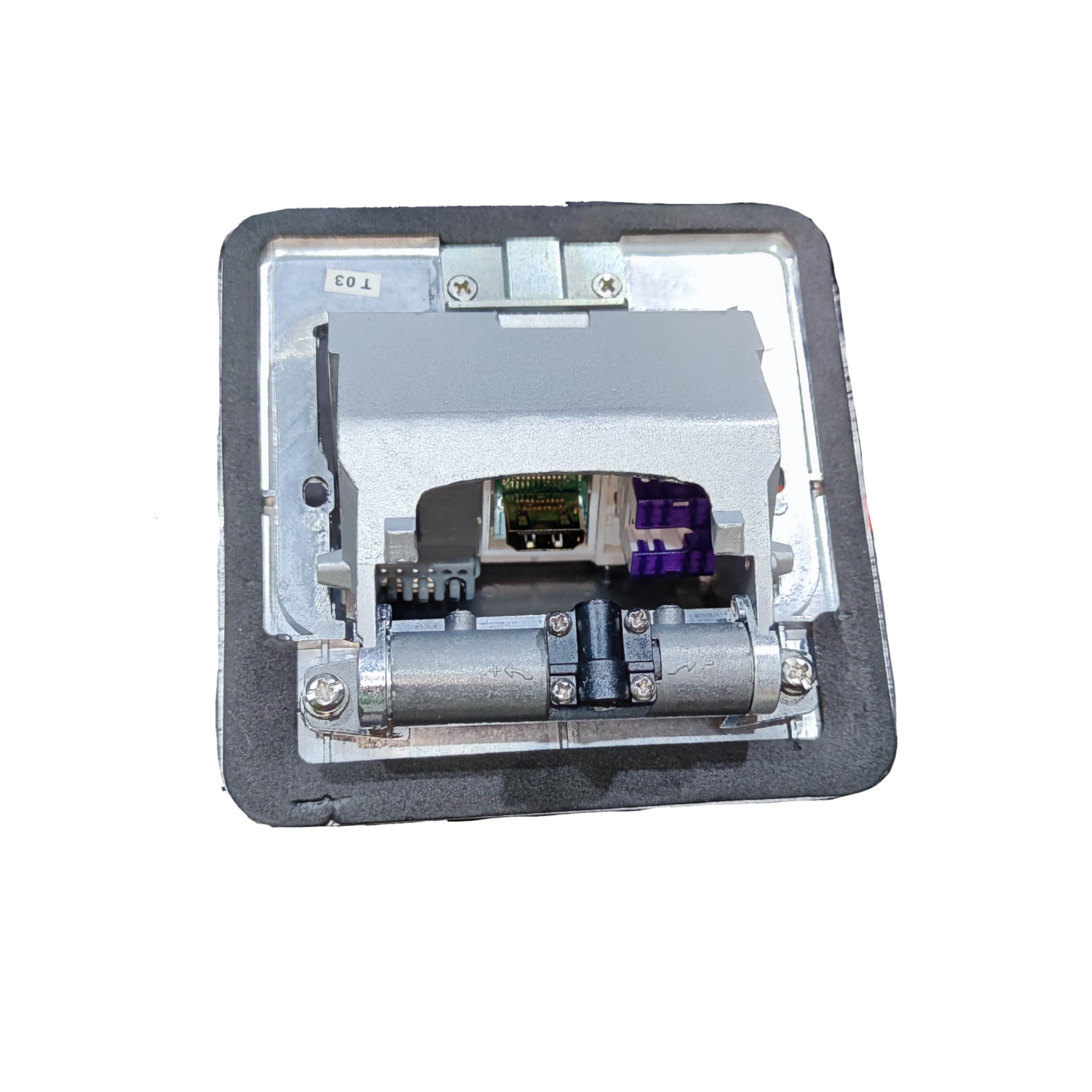 T&J Pop up Voice and USB Charging Outlet with metal hinge and internal wiring components