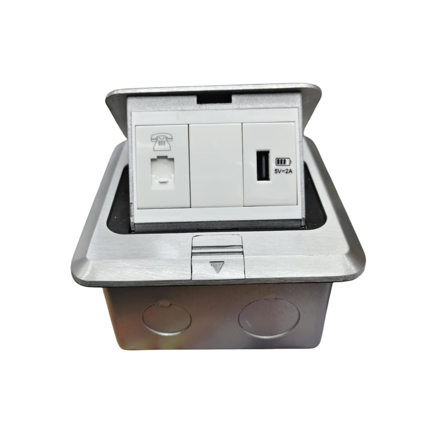 T&J pop up Voice and USB Charging Outlet with telephone jack and USB port in stainless steel frame
