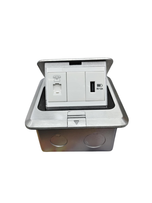 T&J pop up Voice and USB Charging Outlet with telephone jack and USB port in stainless steel frame