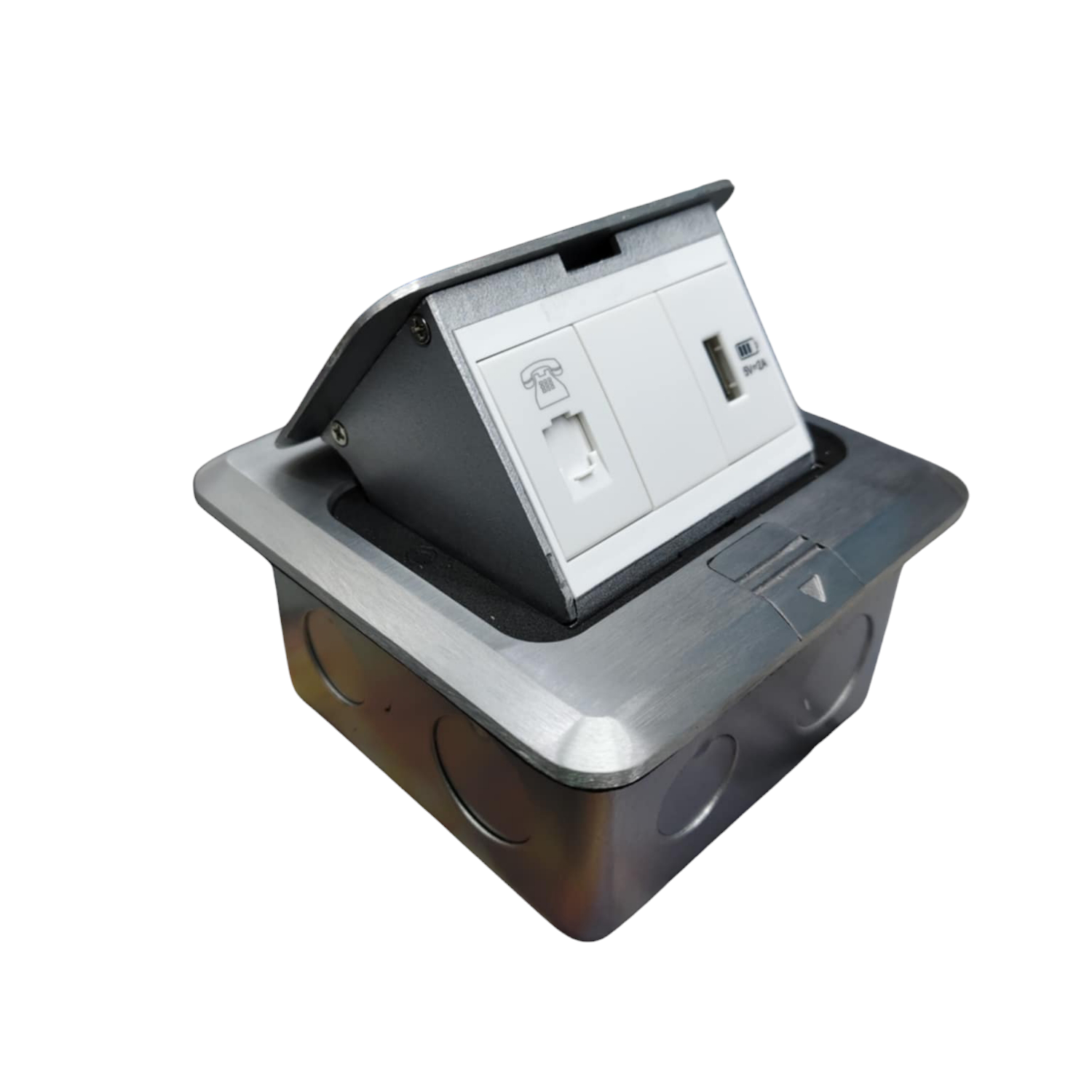 T&J Pop up Voice and USB Charging Outlet with stainless steel frame and multiple ports