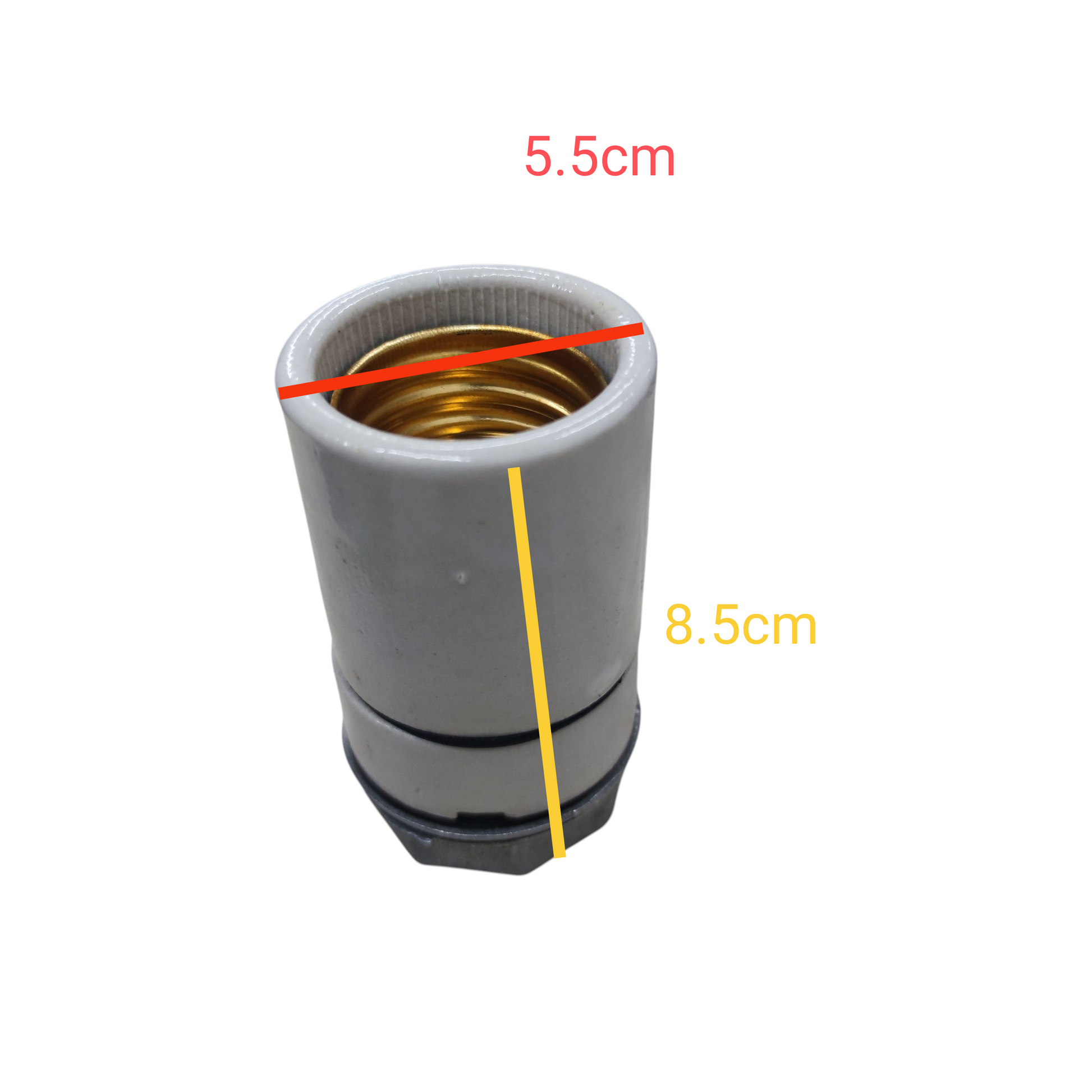 Porcelain E40 Socket Taiyou with measurements of 5.5cm height and 8.5cm diameter for lighting installations