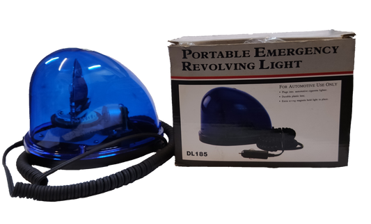 Portable emergency blue revolving warning light with a 24VDC power supply for safety applications