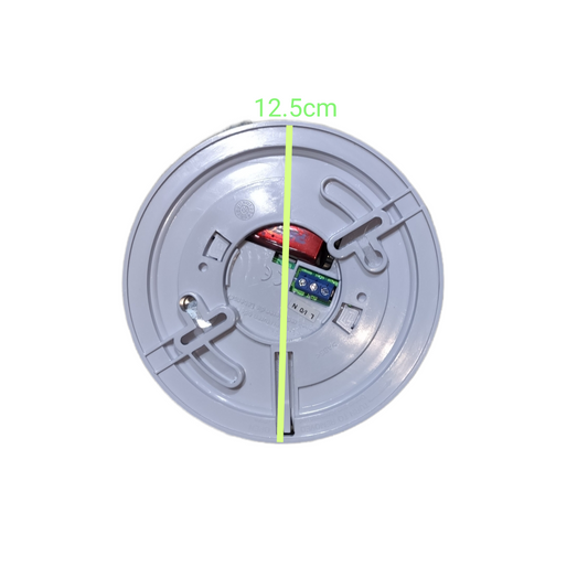 Potric photoelectric smoke alarm 9V with round white base measuring 12.5 cm diameter