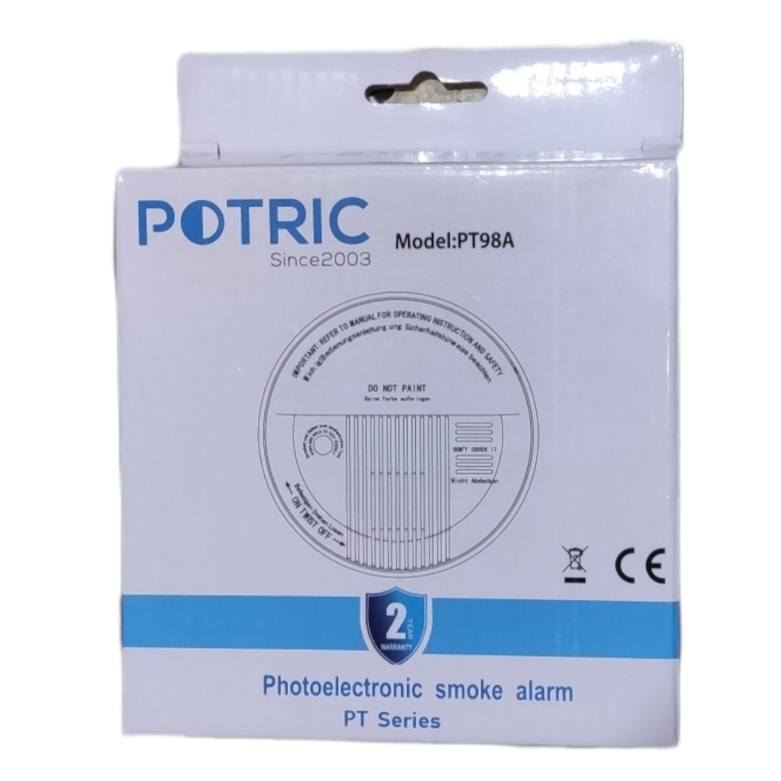 Potric photoelectric smoke alarm 9V PT Series packaged in white box with blue accents
