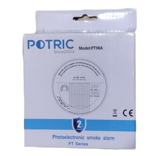 Potric photoelectric smoke alarm 9V PT Series packaged in white box with blue accents