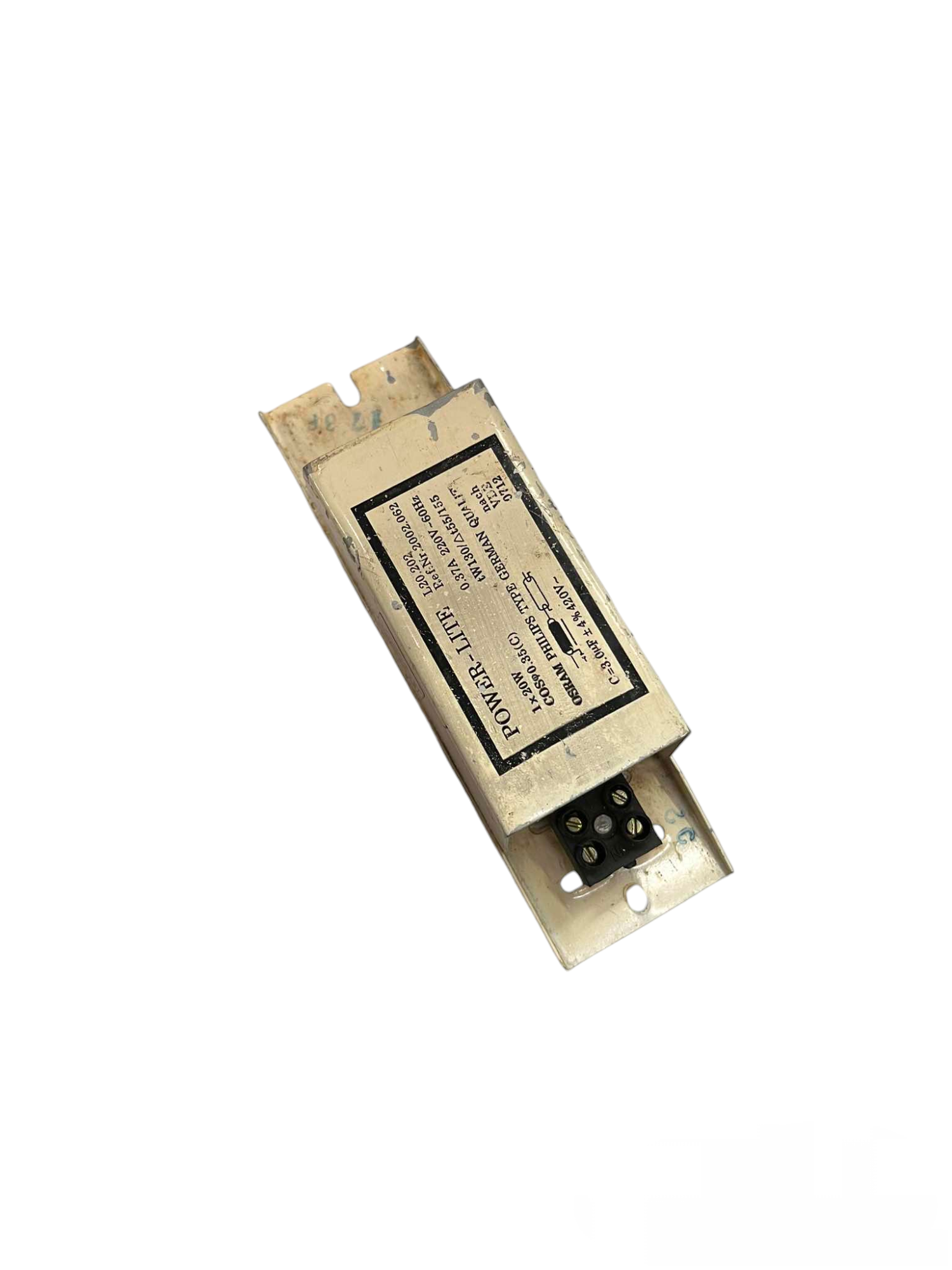 GE fluorescent magnetic ballast 220V electrical circuitry part with metal casing and label