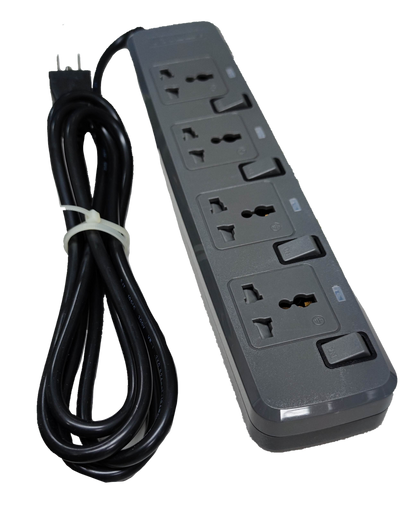 Royu power strip with 4 outlets with individual switch and attached black extension cord