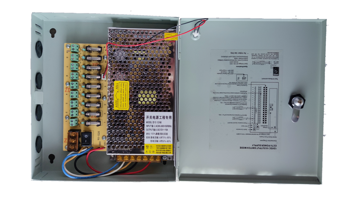 CCTV security camera power supply 12V 10A metal enclosure with circuit board and wiring from China