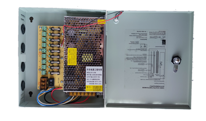 CCTV security camera power supply 12V 10A metal enclosure with circuit board and wiring from China