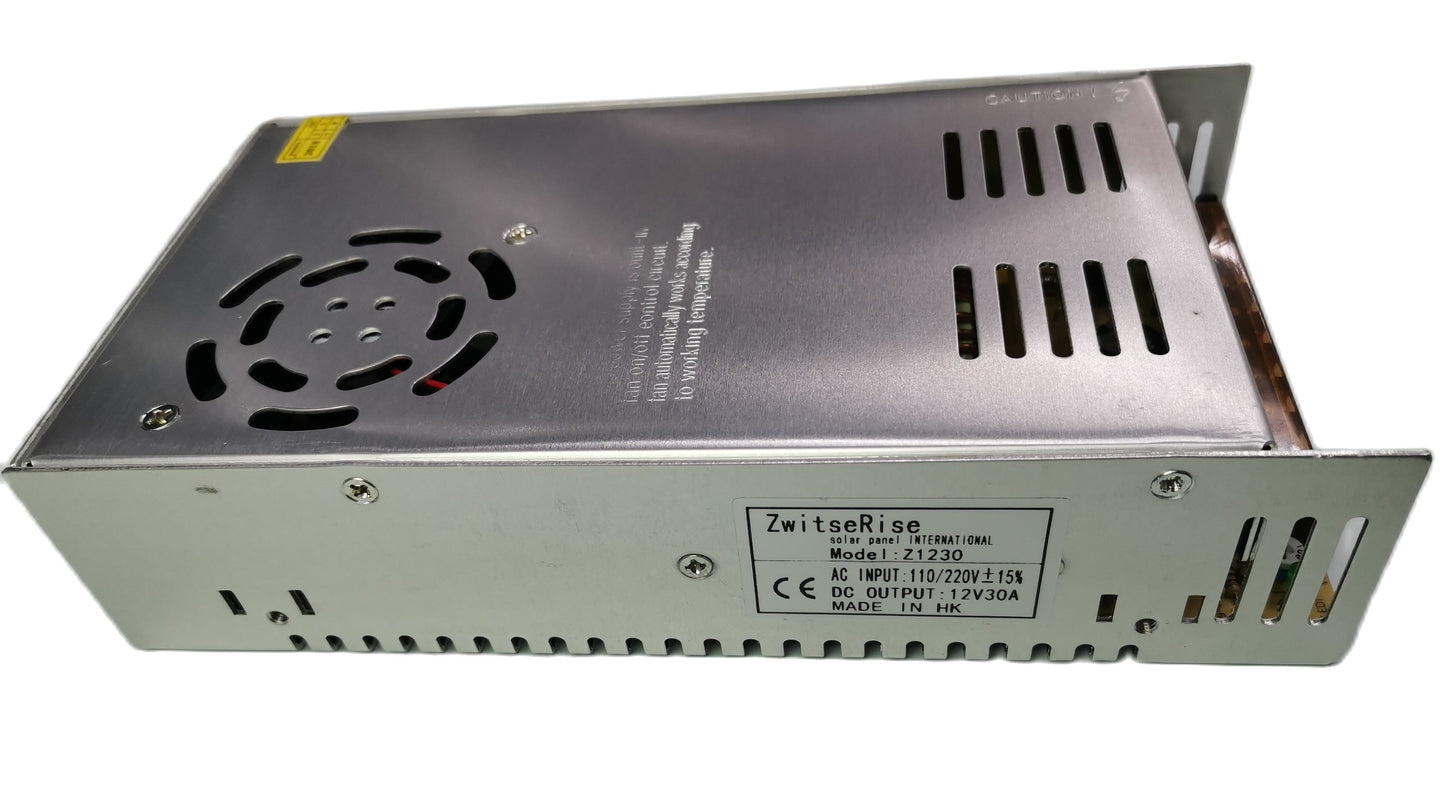 ZwitseRise Power Supply 12V 30A metal casing with ventilation and cooling fan for electronic devices