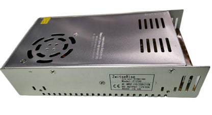 ZwitseRise Power Supply 12V 30A metal casing with ventilation and cooling fan for electronic devices
