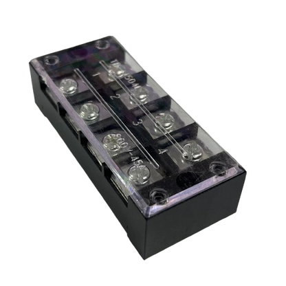 Grippes 45A 4 Pairs Terminal Block 600V black plastic base with clear cover and four screw terminal pairs