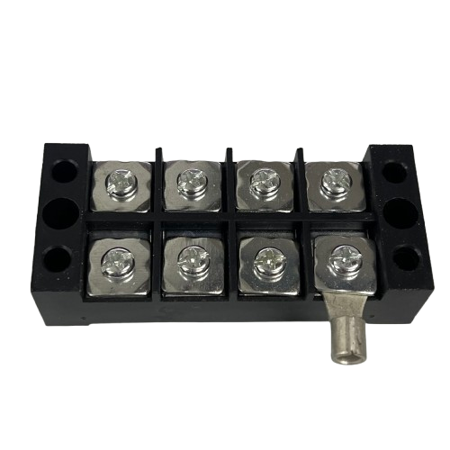 Grippes 45A 4 Pairs Terminal Block 600V black plastic housing with eight metal screw terminals and lug