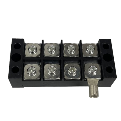 Grippes 45A 4 Pairs Terminal Block 600V black plastic housing with eight metal screw terminals and lug