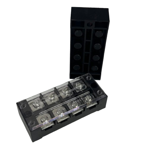 Grippes 45A 4 Pairs Terminal Block 600V black plastic base with clear cover and four screw terminals for wiring