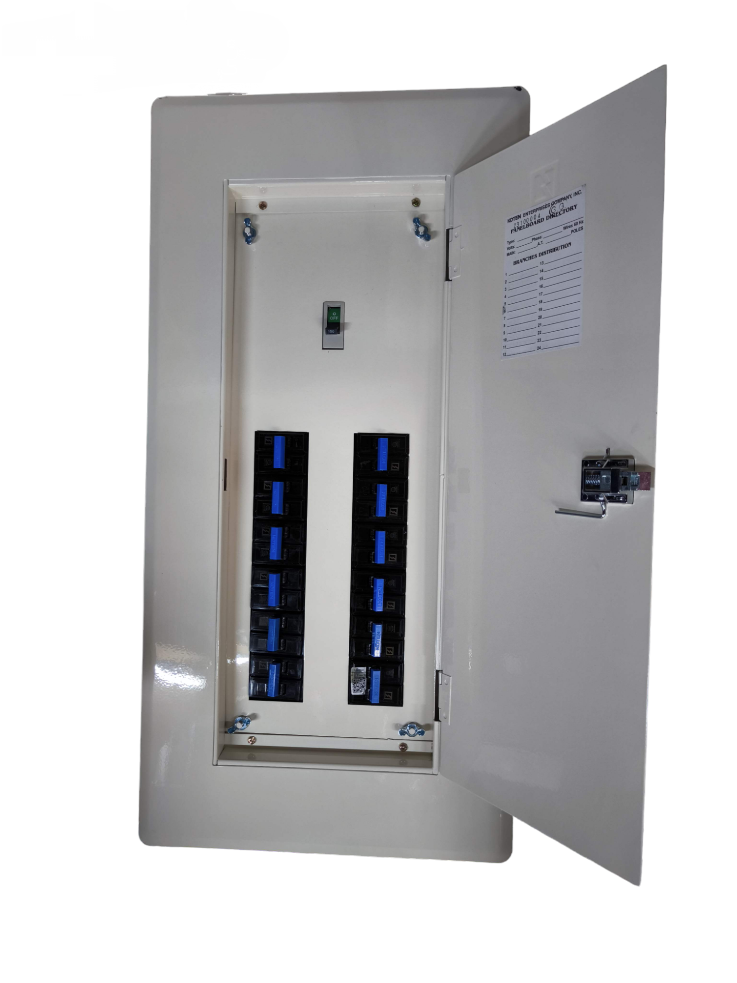 Koten electrical distribution panel open door showing rows of breakers 12 Branches 150A 2P Main with B-On Branches