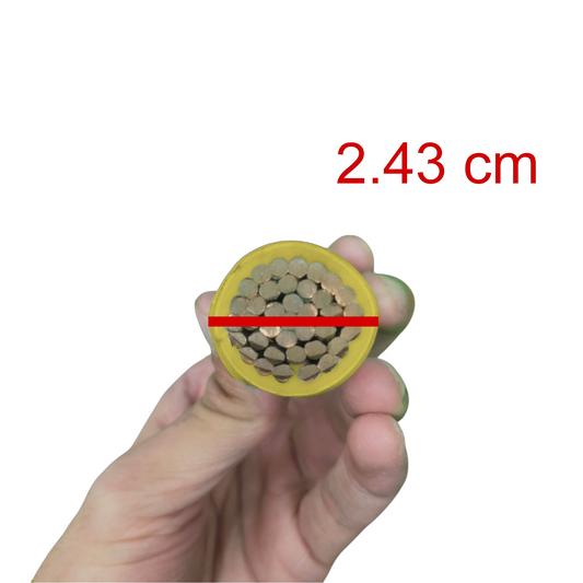 Philflex 250mm Stranded 500MCM Yellow electrical wire cut held in hand showing stranded copper core and yellow insulation
