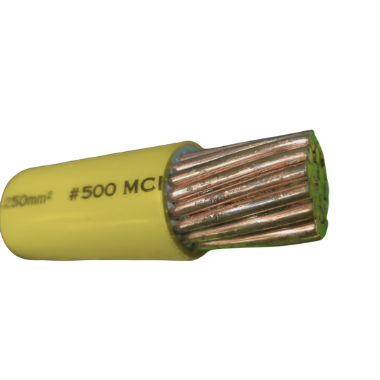 Philflex 250mm Stranded 500MCM Yellow electrical cable close up of cut end showing copper stranded conductor