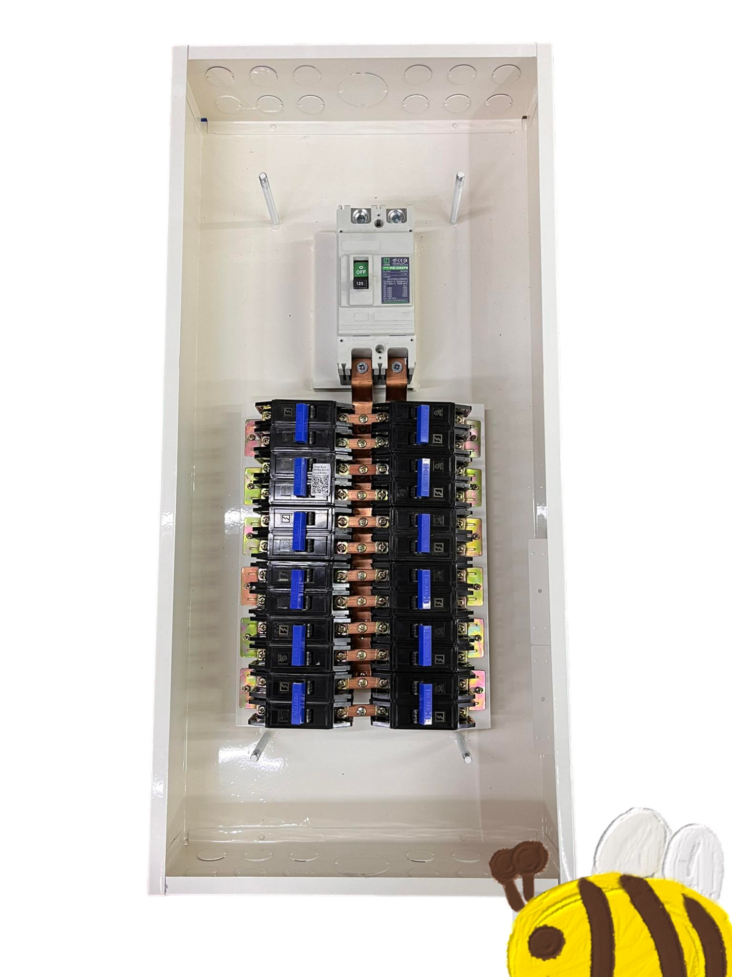 Koten electrical distribution panel showing internal breakers copper bus and main switch Panel Board 225A 250SP 2Pole
