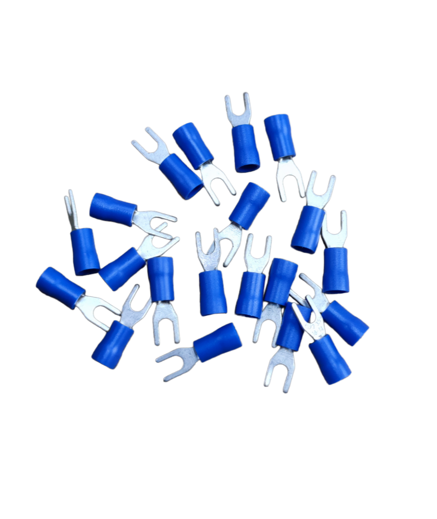 Y type terminal lugs with blue insulation. Shown in a scattered pile for electrical connections from China