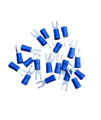 Y type terminal lugs with blue insulation. Shown in a scattered pile for electrical connections from China