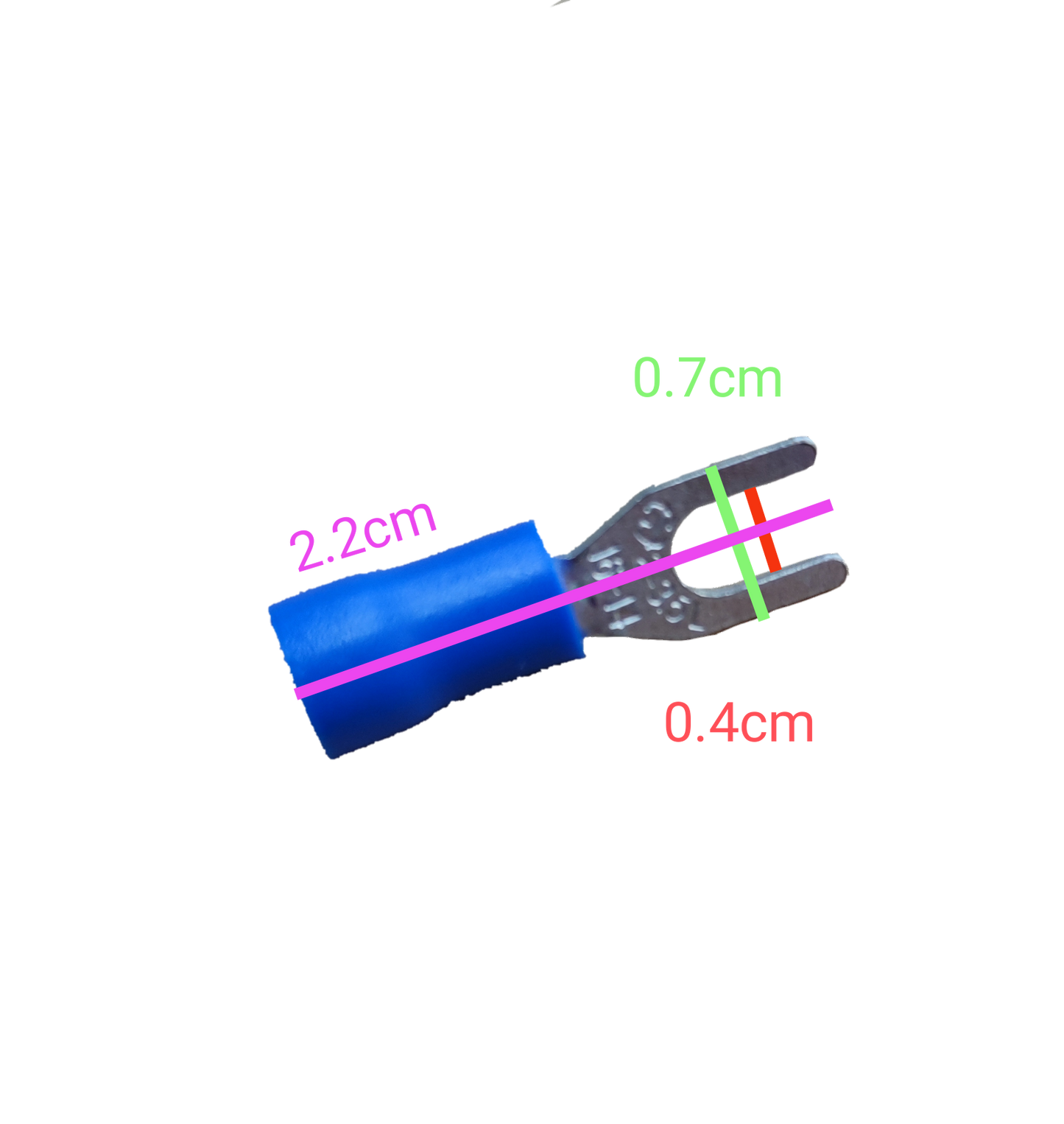 Y type terminal lugs with blue insulation. Blue insulated Y fork terminal lug on black background with metal spade and size marks