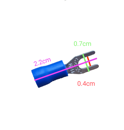 Y type terminal lugs with blue insulation. Blue insulated Y fork terminal lug on black background with metal spade and size marks