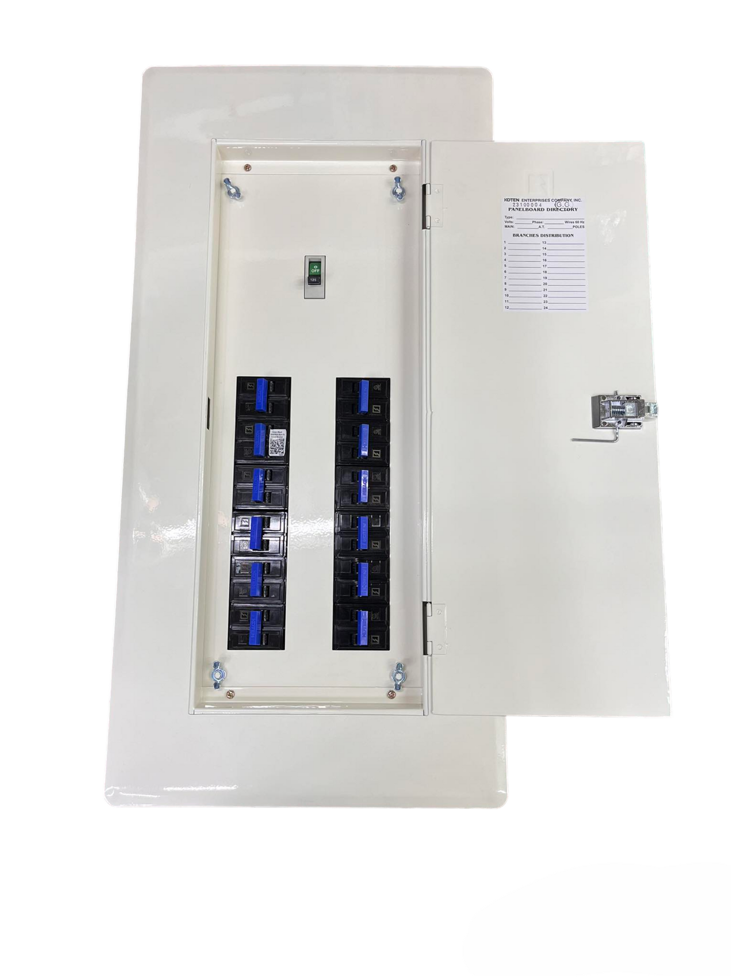 Koten white distribution panel open showing two columns of blue breakers and label 12 Branches Panel 2P Bolt on with 250A Main