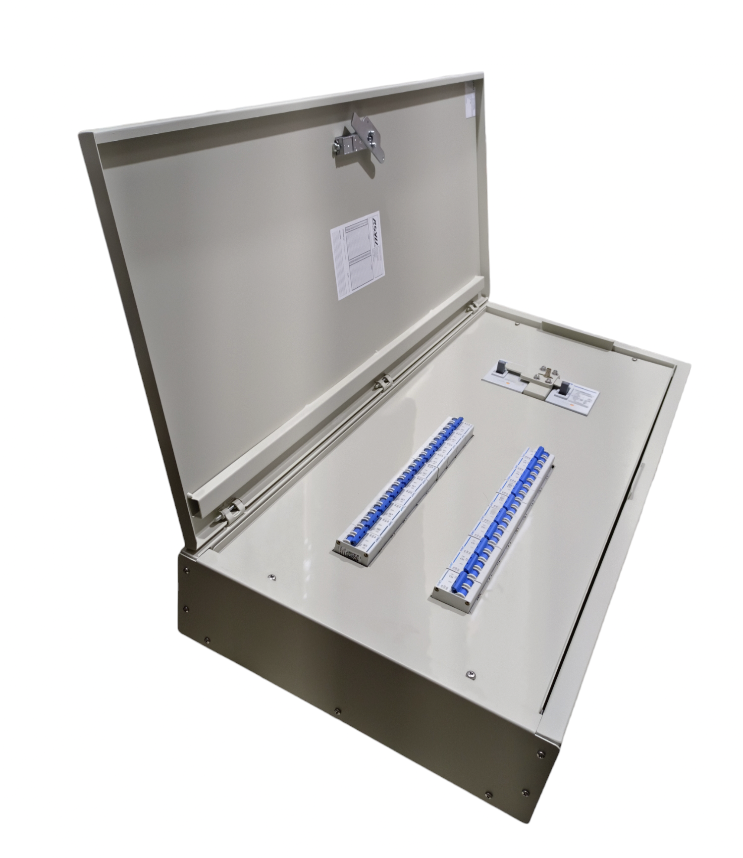 Chint 160A 2 pole MCCB panel board metal enclosure with two blue DIN rail breakers and hinged lid