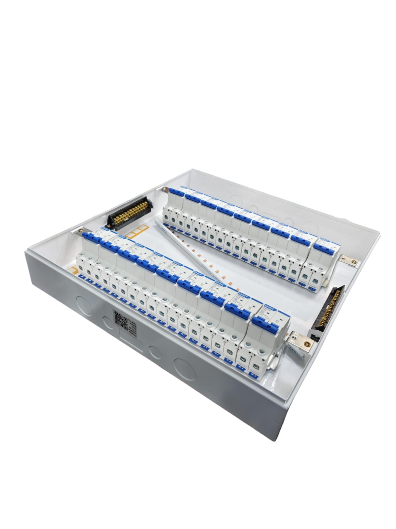 Chint 50A 2 pole panel board with breakers. Metal enclosure with two rows of white and blue DIN rail circuit breakers