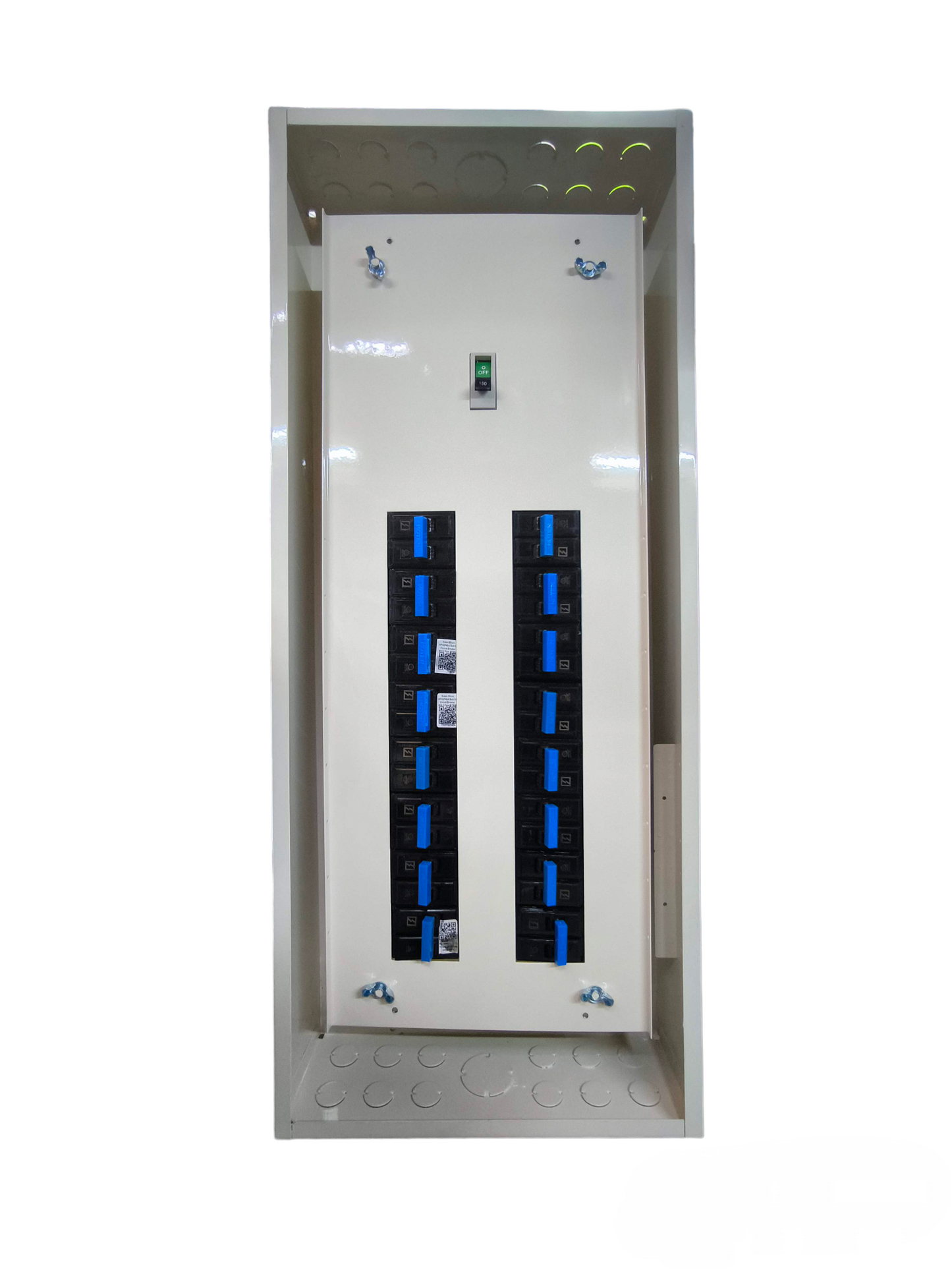 Koten Panel Board 225A 2Pole 250SPS metal enclosure with two rows of blue handled breakers and main switch