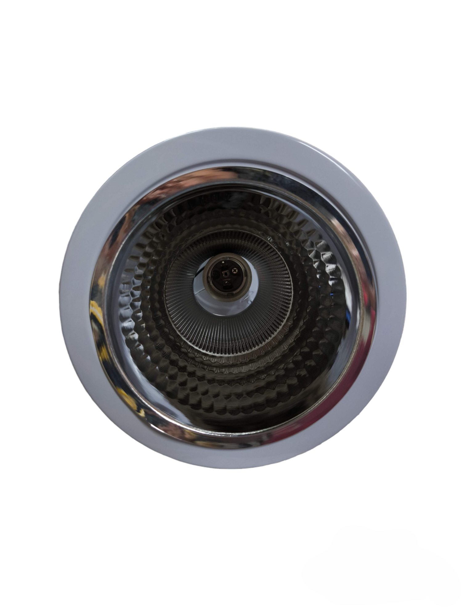 Firefly 6 Inch Downlight Fixture E27 recessed ceiling light with white trim visible E27 socket and textured reflector