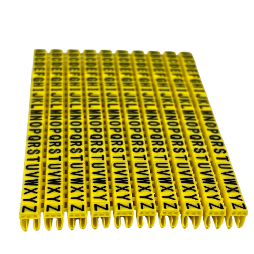 Grippes A-Z wire marker clips Yellow plastic alphabet cable markers in multiple strips for cable management